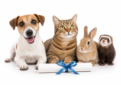 Chien, chat, lapin et furet devant une attestation