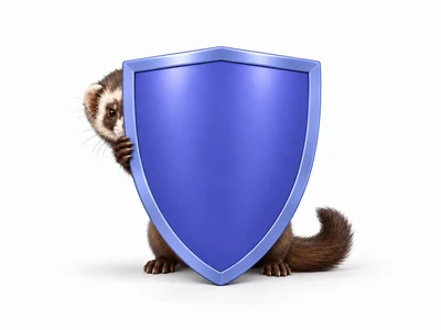Furet caché derrière un bouclier violet, symbole de protection des données personnelles